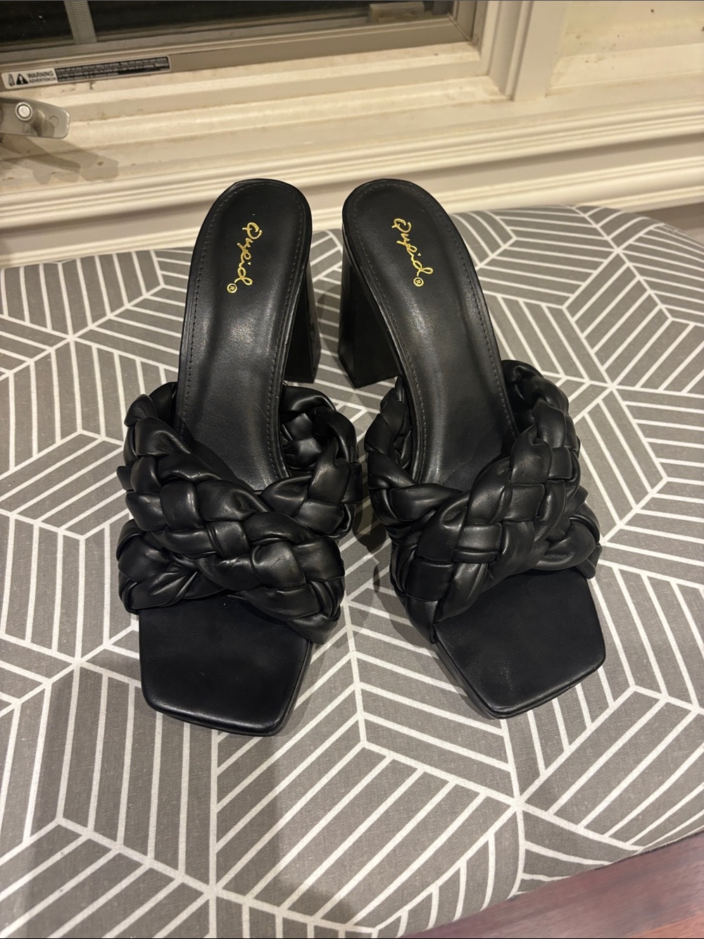 Qupid Black Braided Square-Toe Block Heel Mule